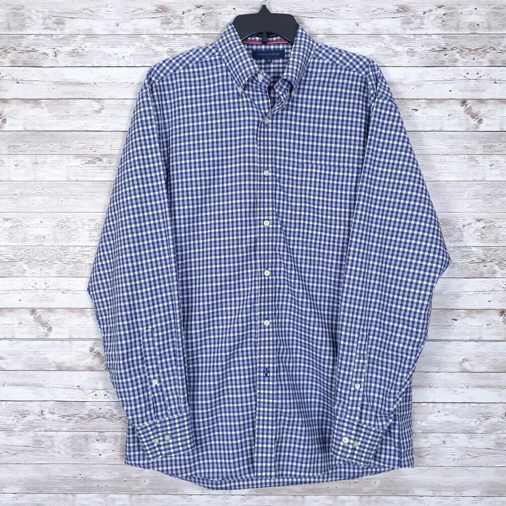 Tommy Hilfiger Button Down Shirt Size 16 Plaid Non Iron Regular Fit 219A